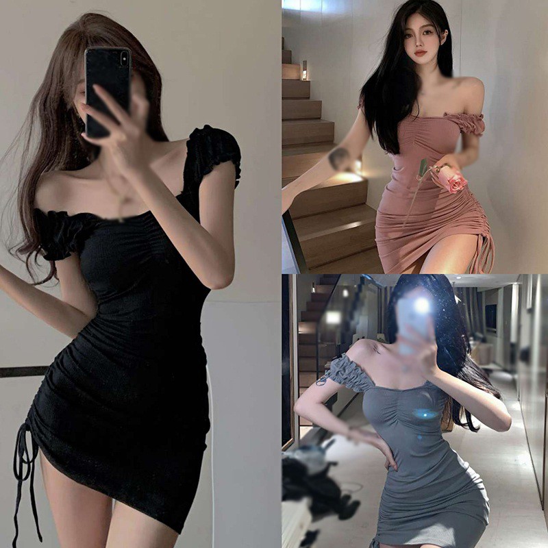 Váy trễ vai phối dây rút màu trơn thời trang phong cách Hàn Quốc