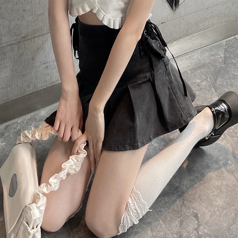 Jiashucheng Chân Váy Denim Chữ a Lưng Cao Xếp Ly Thời Trang Mùa Hè 2023