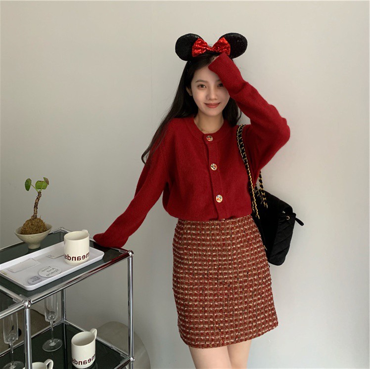 Áo Sweater Dệt Kim Màu Đỏ Phong Cách Nhật Bản Thời Trang Năm Mới Cho Nữ 2021