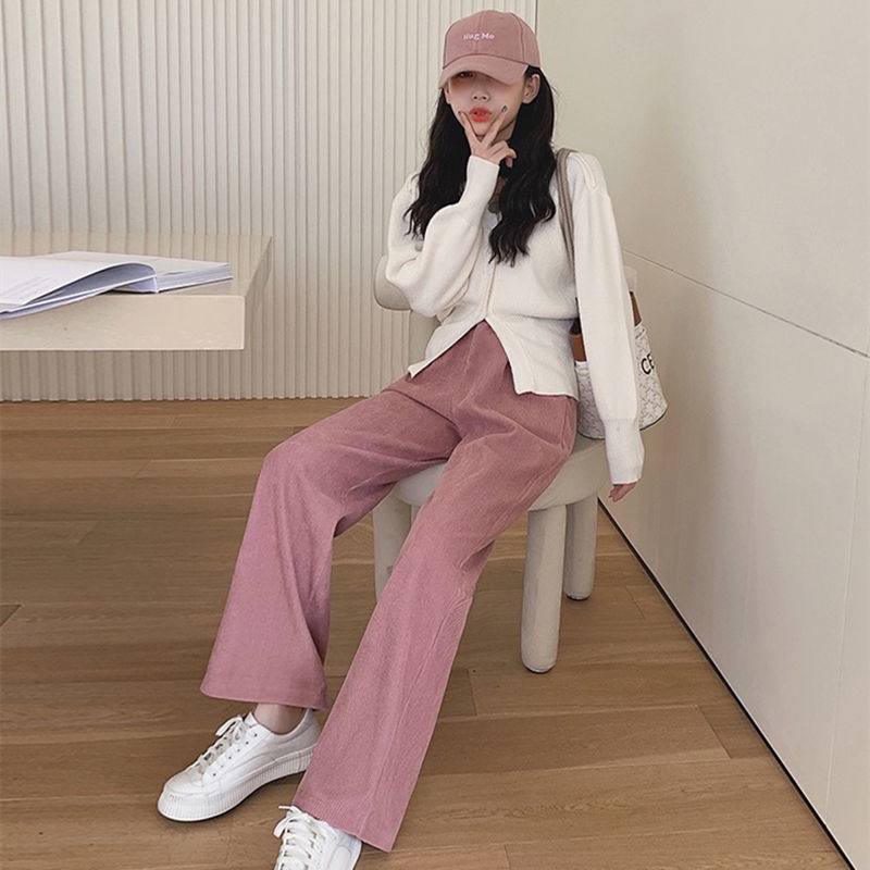 Quần dài ống rộng thẳng cạp cao bằng nhung kẻ phong cách xuân thu Hàn Quốc giản dị mới cho nữ