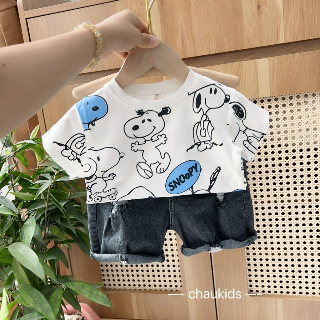 Bộ Quần Áo Cho Bé Trai, Bé Gái Cotton Quần Jeans Họa Tiết SNOOPY Dễ Thương, Đồ Bộ Cho Bé Mặc Đi Chơi Đi Học CK342