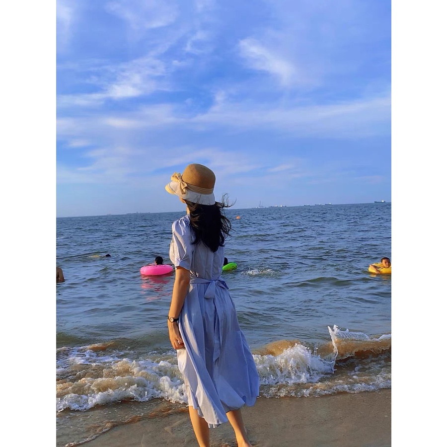 Váy MORAN phong cách vintage màu xanh/be eo thon xếp ly xòe dài đơn giản Hàn Quốc