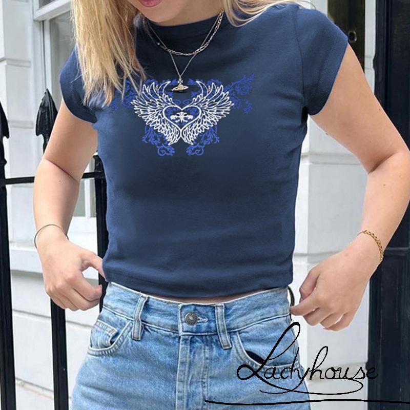 Áo Thun Ngắn Tay Cổ Tròn In Hình Đôi Cánh Thiên Thần Và Trái Tim Thời Trang Mùa Hè Cho Nữ