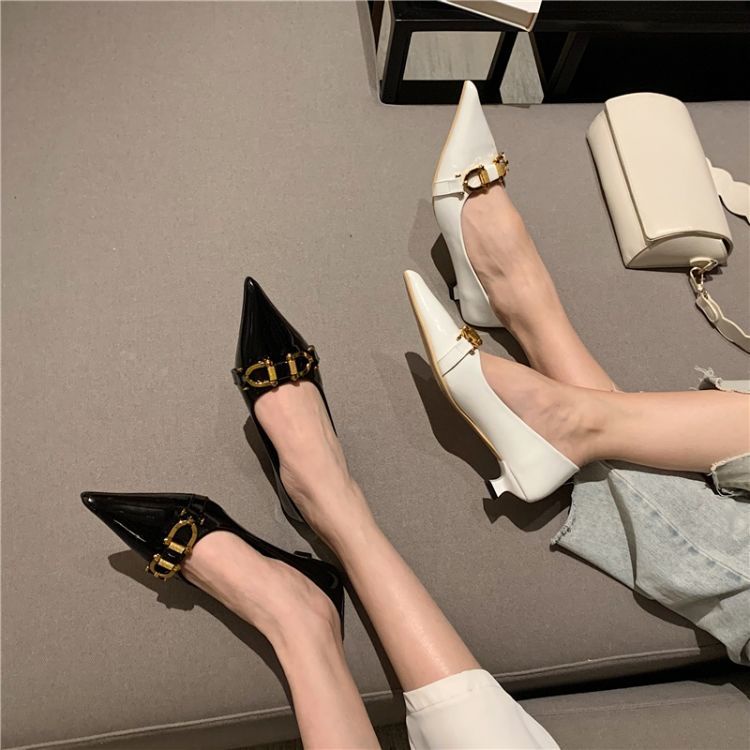 Giày da m3yc mũi nhọn gót thấp phối khóa kim loại kiểu mùa xuân thu trẻ trung dành cho nữ