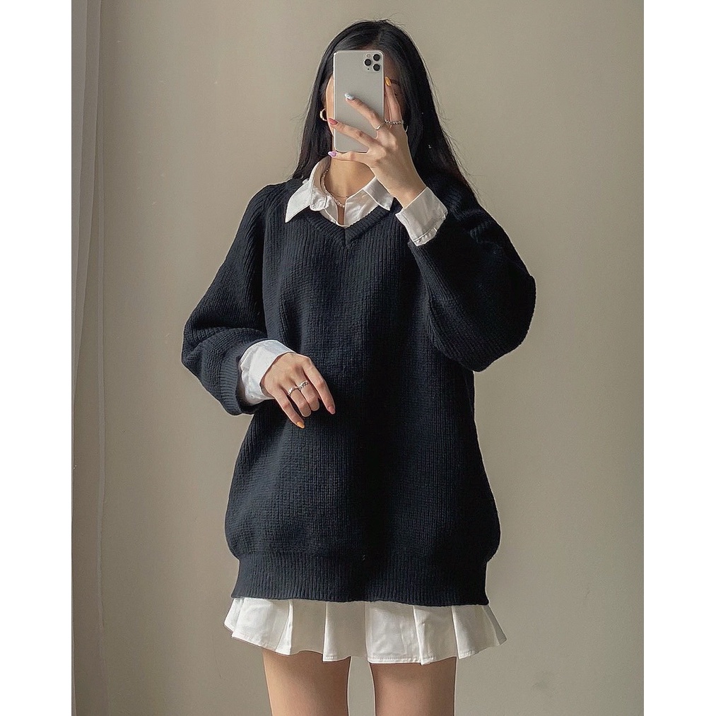 Áo len cổ V trơn có cúc cài đằng sau ulzzang form rộng - Made by Fiin | BigBuy360 - bigbuy360.vn