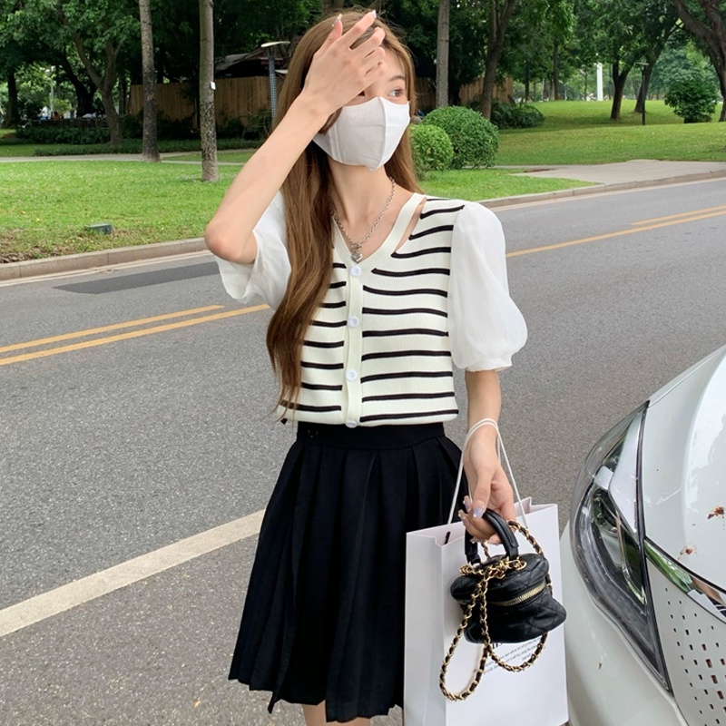 【ZHELIHANGFEI】Áo Thun Tay Phồng Kẻ Sọc Phối Lưới Xinh Xắn Thời Trang Cho Nữ