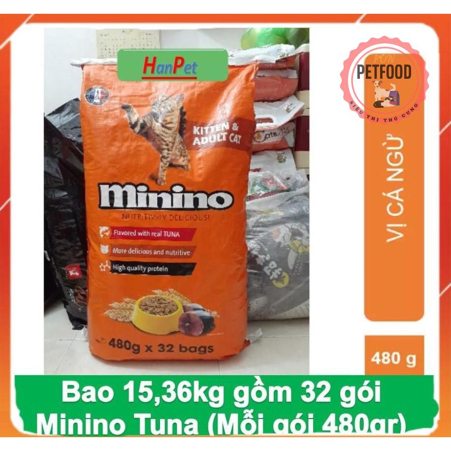 HCM- (Bao lớn 15kg và 7kg)- Minino Thức ăn viên cao cấp cho mèo mọi lứa tuổi (bao 32 gói và bao 20 gói)