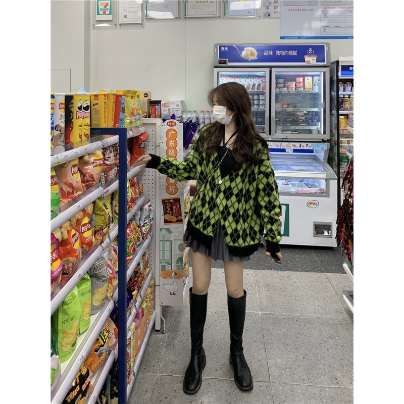 Áo Khoác Cardigan Dệt Kim Tay Dài Dáng Rộng Họa Tiết Kim Cương Thời Trang Hàn Quốc | BigBuy360 - bigbuy360.vn