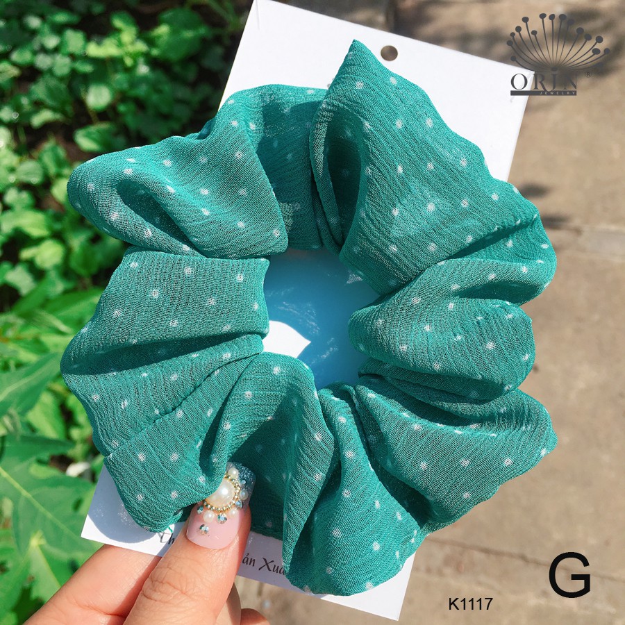 Buộc tóc, cột tóc vải scrunchies chiffon chấm bi siêu đẹp Orin K1117