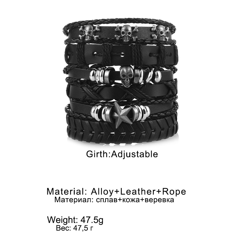 Set 6 Vòng Tay Da Nhiều Lớp Đính Hình Đầu Lâu Và Ngôi Sao Kim Loại Phong Cách Gothic Cho Nam &amp; Vòng Đeo Tay Cho Nam