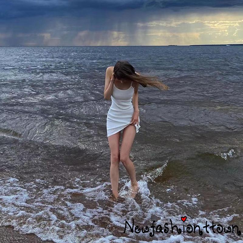 Đầm Ngắn Hai Dây Ôm Dáng Màu Trơn Hở Lưng Thời Trang Mùa Hè Cho Nữ