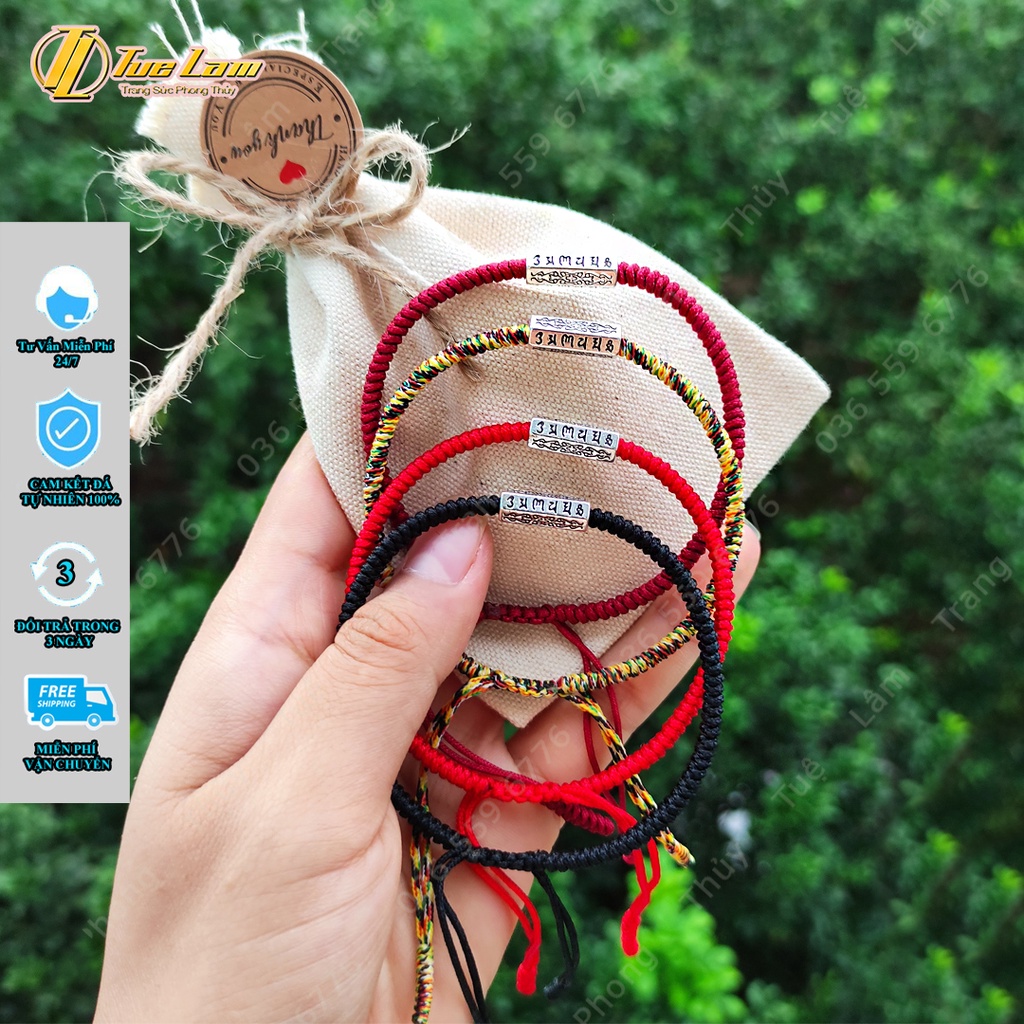 Vòng tay may mắn dây chỉ bện thủ công charm ống trụ khắc chu bình an - Tuệ Lâm