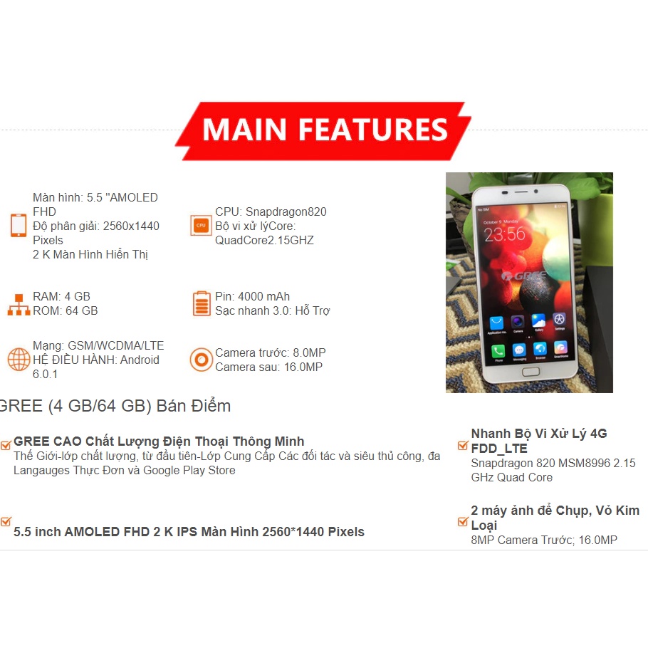 Điện thoại GREE G0215D 6 inch snapdragon 820 ram 4gb+64gb-tặng ốp lưng