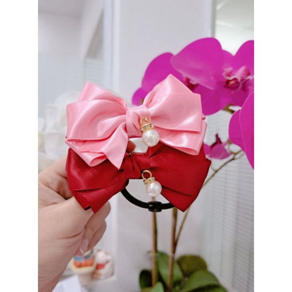 Cột tóc (kẹp) nơ lụa đính hạt treo