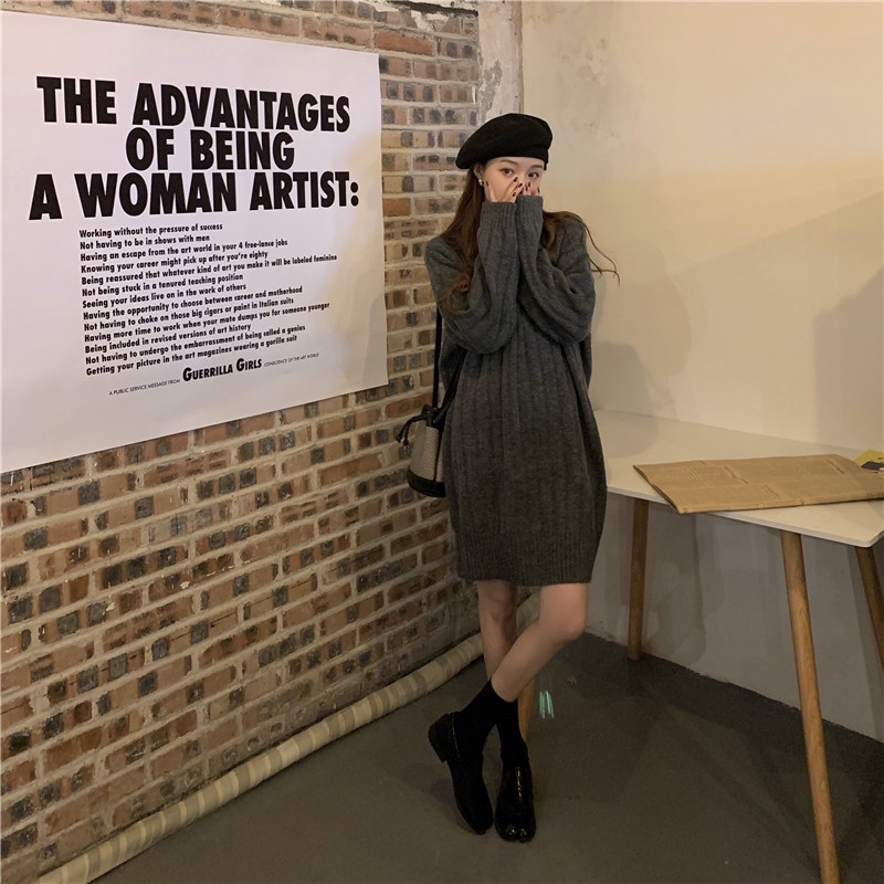 Váy len dệt kim xuông dáng dài thoải mái nâu tây Váy dệt kim thu đông 2021