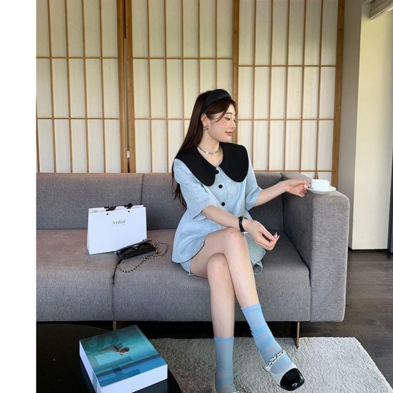 Áo Cổ Búp Bê Dáng Chữ A Màu Tương Phản Thời Trang Mùa Hè Mới 2022 Cho Nữ