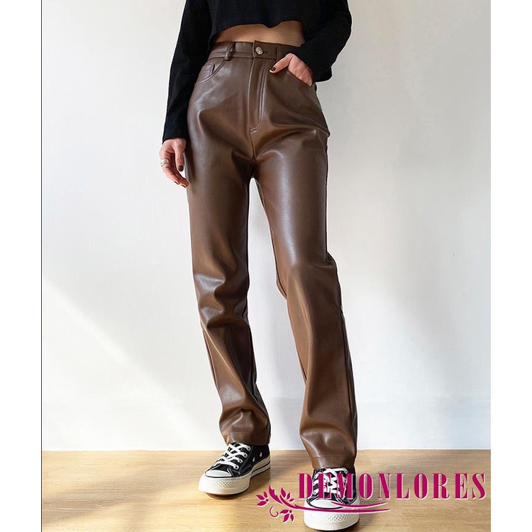 Quần da PU dài màu trơn thời trang cho nữ