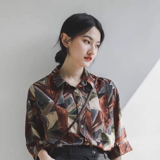 Áo voan sơ mi hoạ tiết cổ điển kiểu nhật