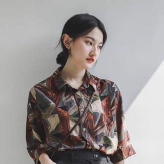 Áo voan sơ mi hoạ tiết cổ điển kiểu nhật