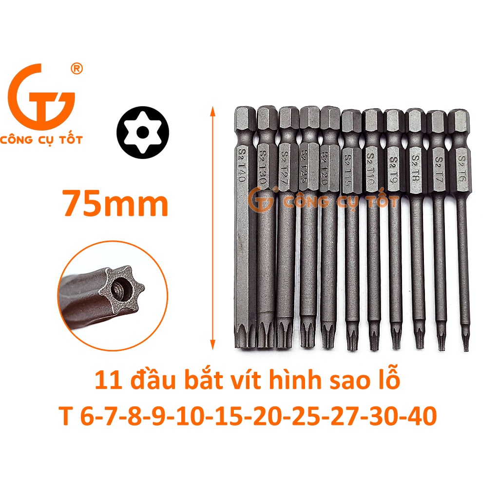 Bộ 11 đầu bắt vít hình sao lỗ dài 75mm T6-T40