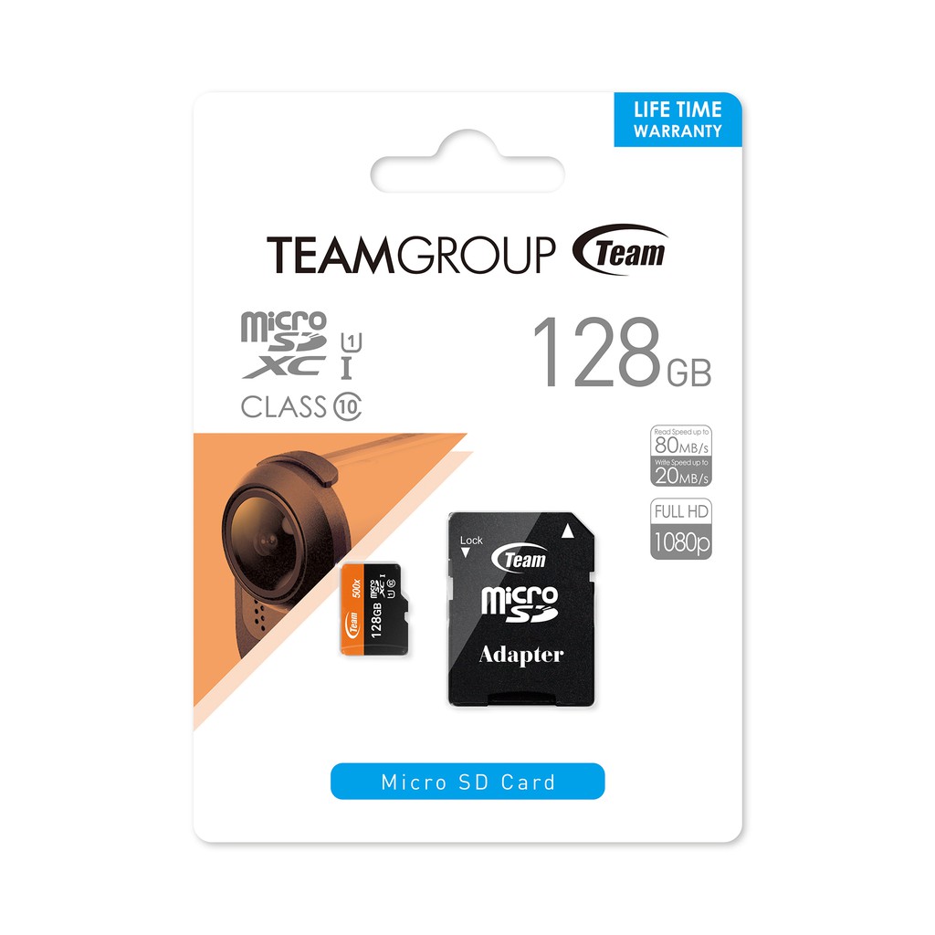 Thẻ nhớ microSDXC Team 128GB 500x upto 80MB/s C10 UHS-I kèm Adapter (Cam) tặng đèn LED - Hãng phân phối chính thức