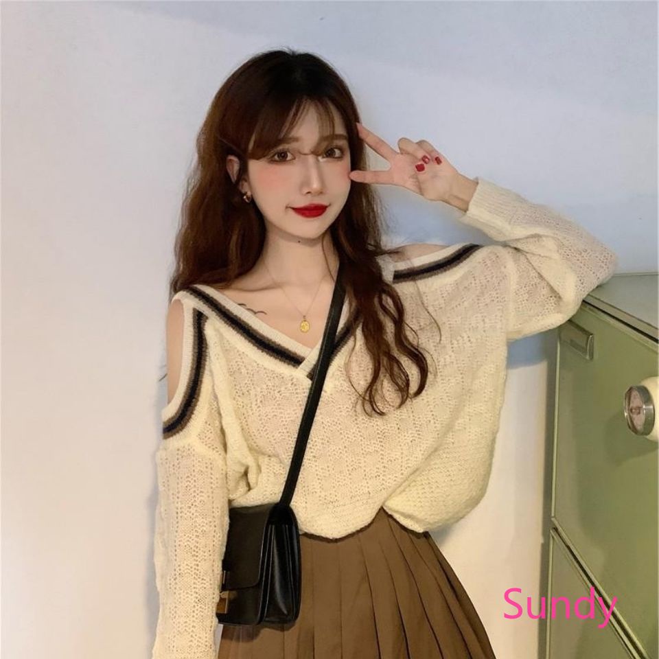 Áo sweater dệt kim dáng rộng cổ chữ V hở vai thời trang mùa thu dành cho nữ