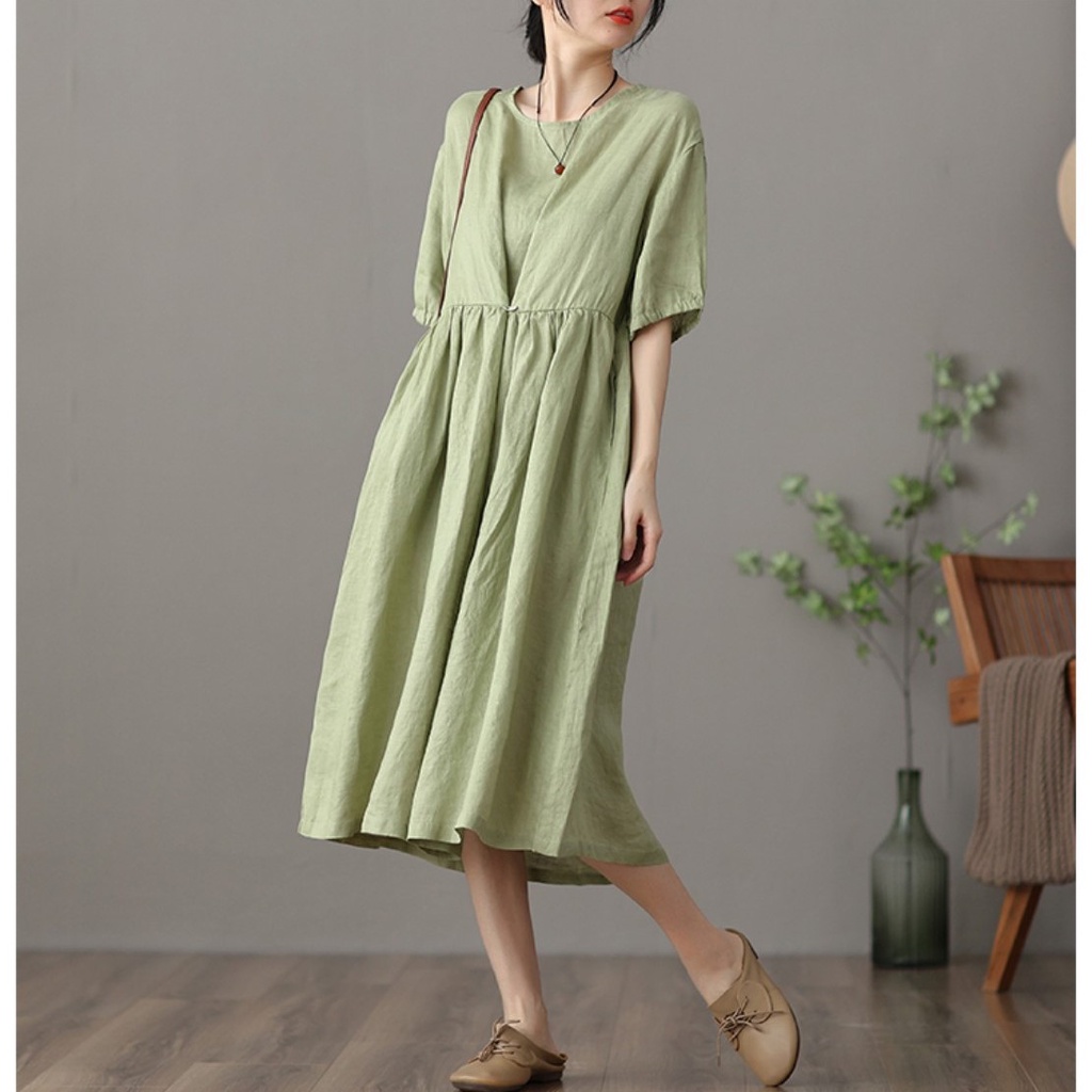 Đầm đũi-Váy suông dài cổ tròn ngắn tay, màu xanh cốm trơn phong cách vintage Hàn Quốc