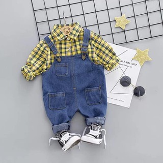 Set yếm jean áo kẻ sơ mi cho bé hàng qc cao cấp, set yếm cho bé, set bộ bé trai, set yếm jean cho bé
