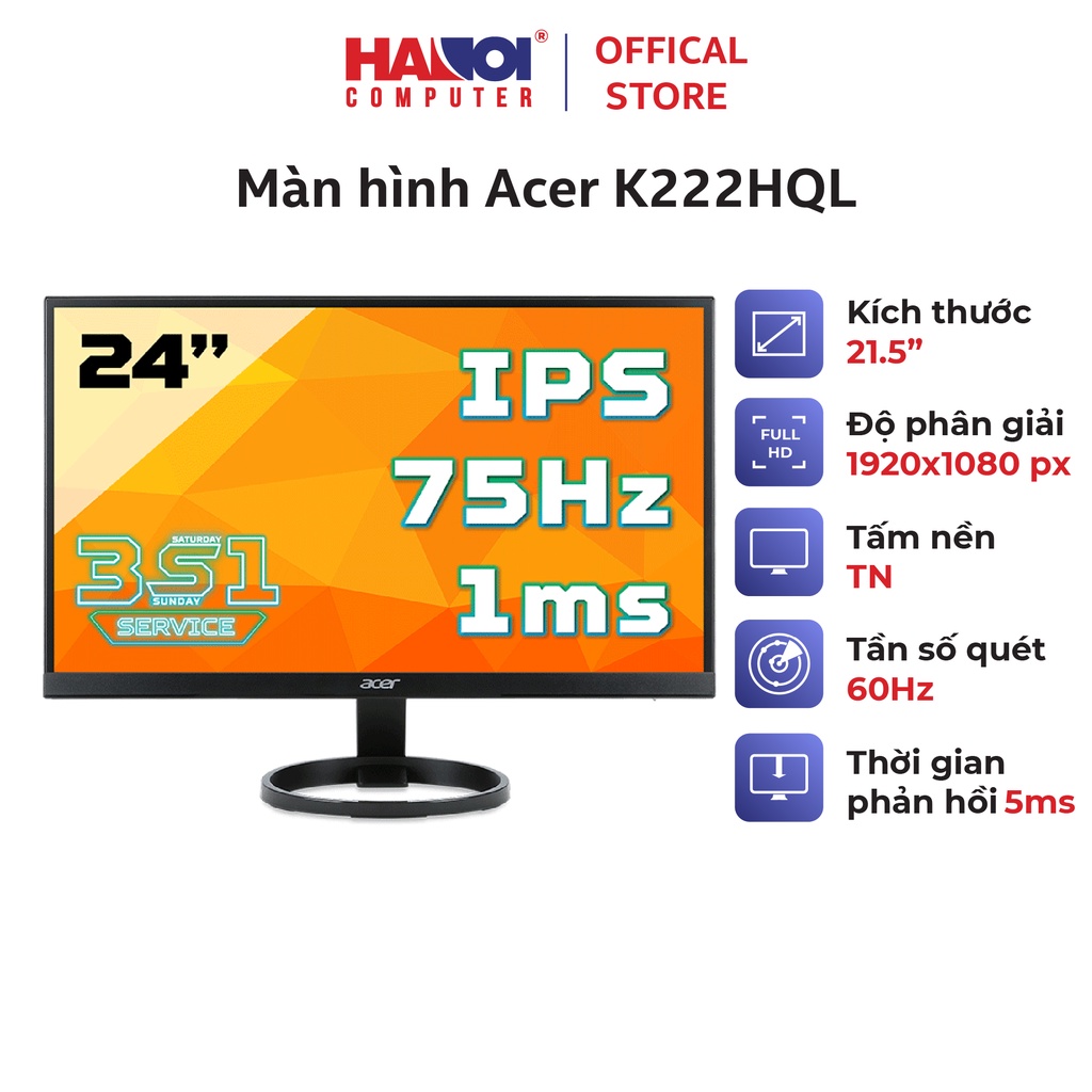 Màn hình Acer K222HQL (21.5inch/FHD/TN/60Hz/5ms/200nits/VGA+DVI) bảo vệ mắt, tiết kiệm điện