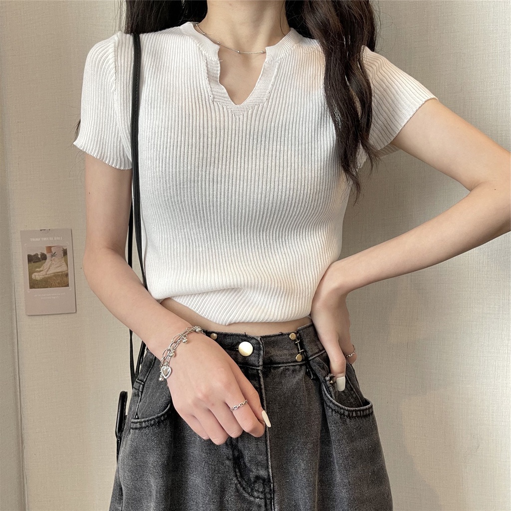 Áo dệt kim ZHELIHANGFEI ngắn tay cổ chữ V ôm dáng xinh xắn thời trang