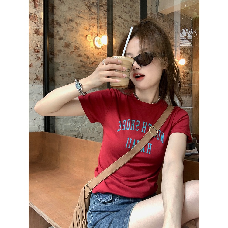 Áo Thun Ngắn Tay Cổ Tròn In Chữ Phong Cách retro Mỹ Cho Nữ