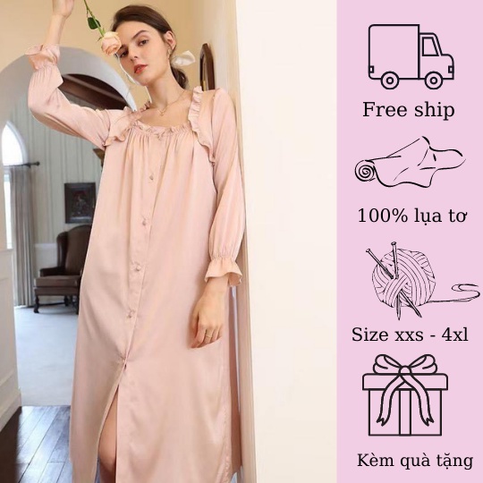 Váy ngủ dài tay bèo cổ điển, Đầm lụa màu hồng đẹp, BUPBE HOMEWEAR, bigsize, đồ bộ cho nữ VNCĐH