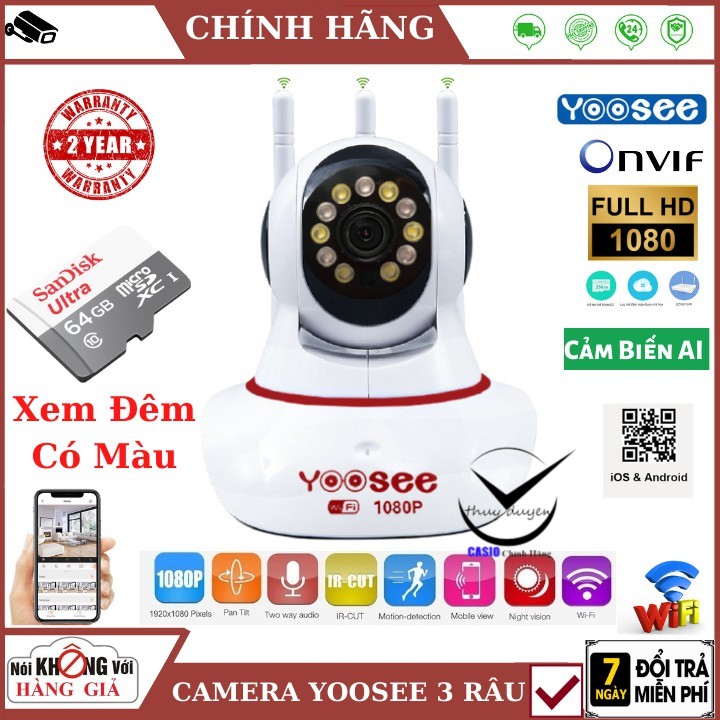 Camera IP Wifi Yoosee 3 râu 11 led Xem đêm có màu , 2.0 MPX - FullHD , cảm biến AI thông minh , đàm thoại 2 chiều