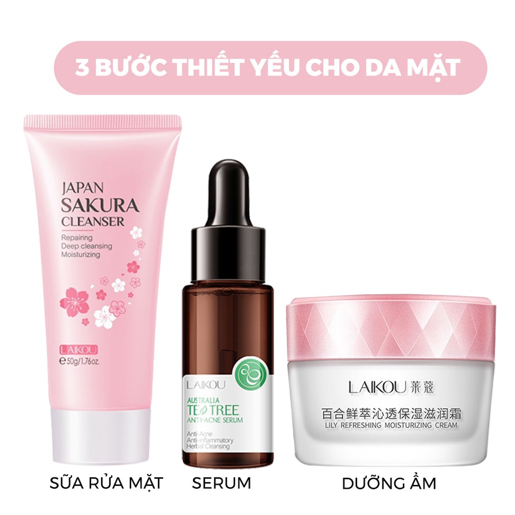 Sét chăm sóc da giảm mụn đơn giản Laikou gồm sữa rửa mặt kem dưỡng serum ngừa mụn giúp da chắc khỏe mịn màng Zentop