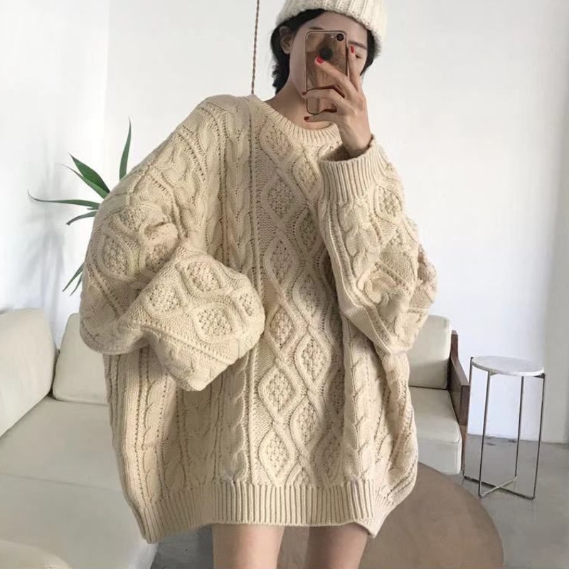 Áo Sweater Dệt Kim Tay Dài Dáng Rộng Cổ Tròn In Họa Tiết Phong Cách Hàn Quốc Thời Trang Mùa Thu Cho Nữ
