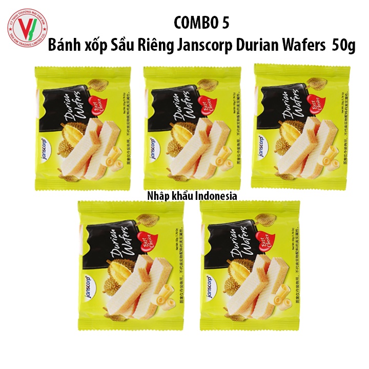 Combo 5 Bánh Xốp Sầu Riêng Janscorp Durian Wafers  50g- Thơm Ngon Giòn Tan Nhập Khẩu Indonesia