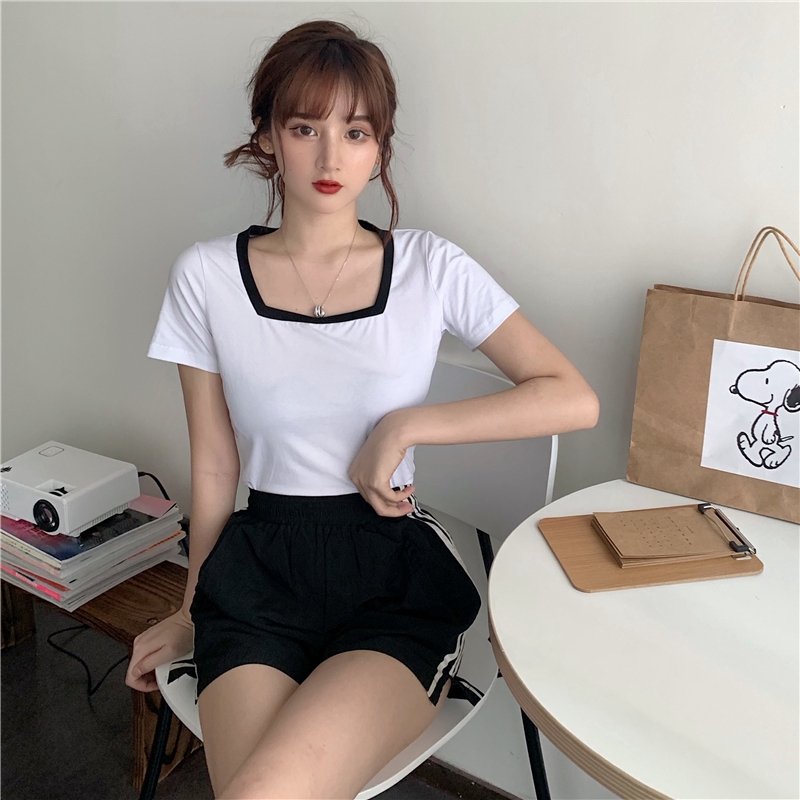 SUXI Áo Thun Tay Ngắn Cổ Vuông Màu Trơn Quyến Rũ Dành Cho Nữ