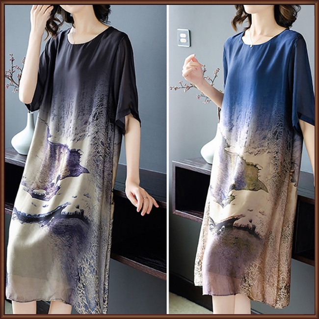 Đầm Tay Ngắn Dáng Rộng Bằng Lụa Mát Mỏng In Họa Tiết Thời Trang Xinh Xắn Cho Nữ