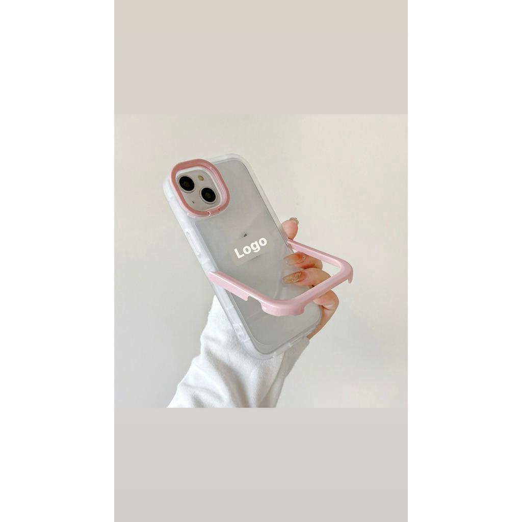 ỐP IPHONE FULL VIỀN TRẮNG HỒNG TRONG SUỐT CÓ GIÁ ĐỠ