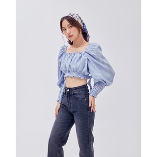 Áo croptop SheByShj tay bồng kẻ caro xanh dương - Claire Top
