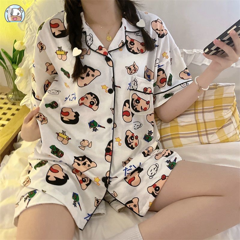 Bộ Đồ Ngủ Ngắn Tay Dáng Rộng In Hình Hoạt Hình Dành Cho Nữ