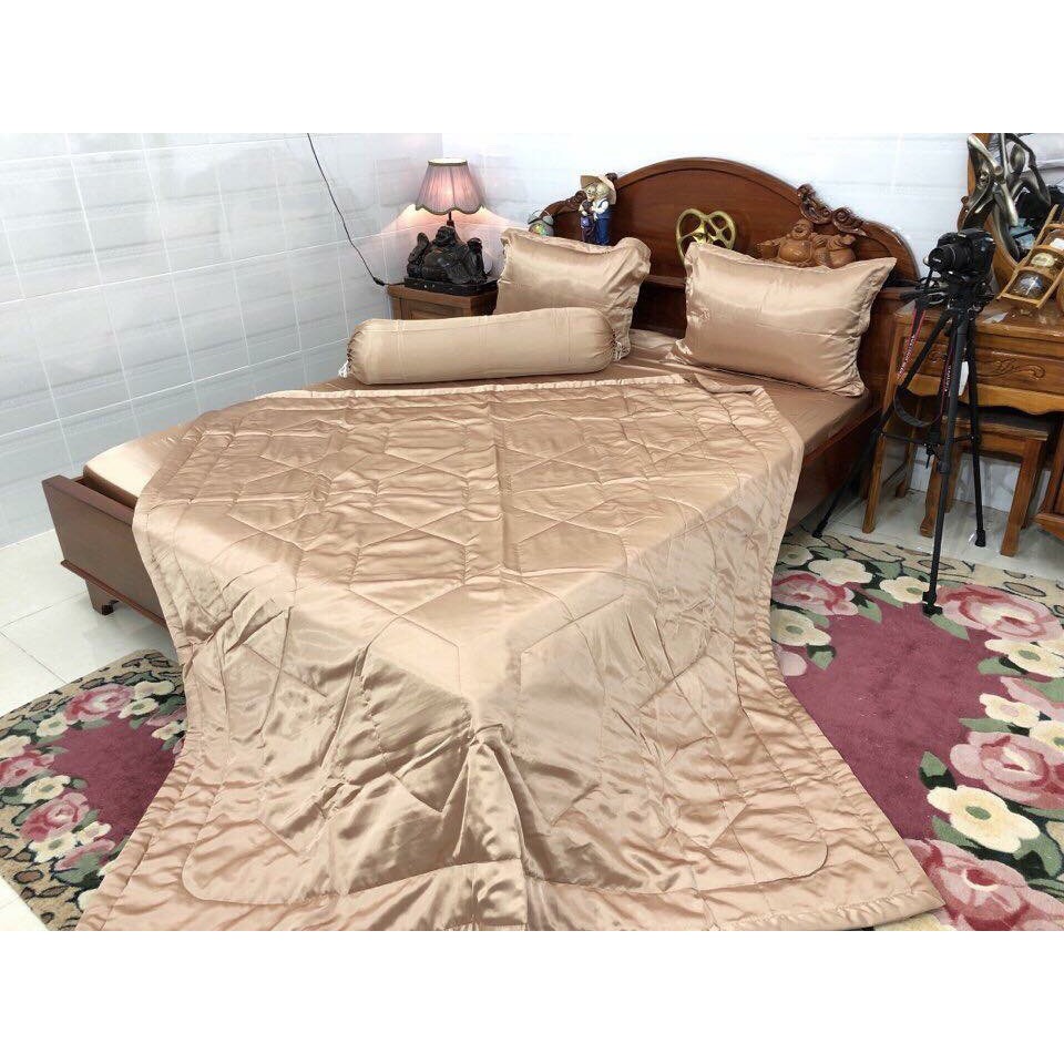 Bộ Chăn Drap Cao Cấp Mềm Mịn Lụa Thái Tuấn - Màu Kem - Mền lồng lớp bông mỏng có chân chỉ hình thoi