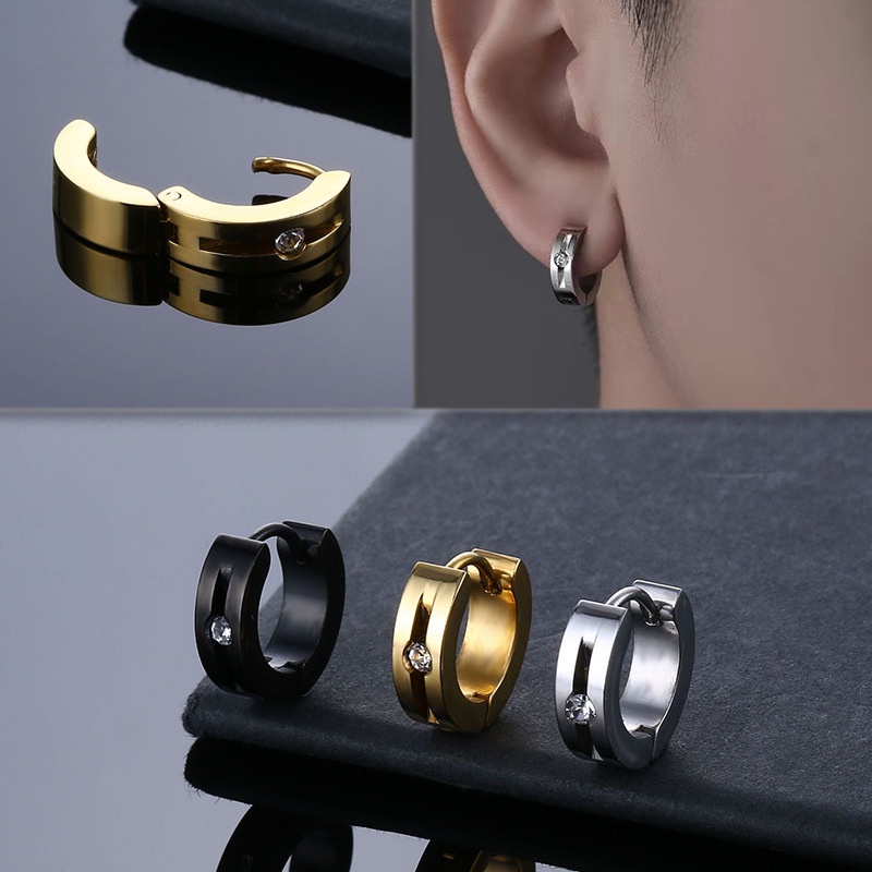Khuyên Tai Tròn Bằng Thép Titanium Đính Kim Cương Thời Trang Đơn Giản Phong Cách Hàn Quốc Unisex