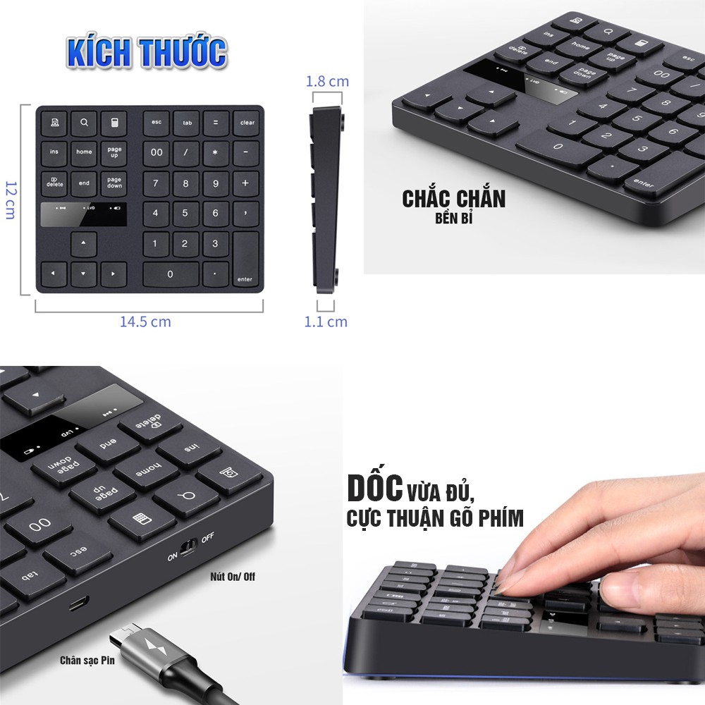 Bàn phím số không dây Wireless 2.4G, cho Laptop 35 phím, thêm các phím chức năng, Pin sạc, phím êm Minh House