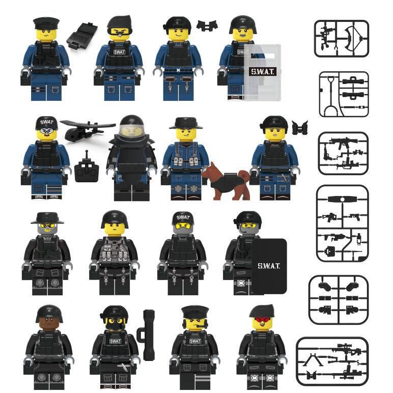 16pcs Soldiers Mini Figures SWAT Series Kids Jeep Building Blocks Education Toy Lego Army Toys 1632