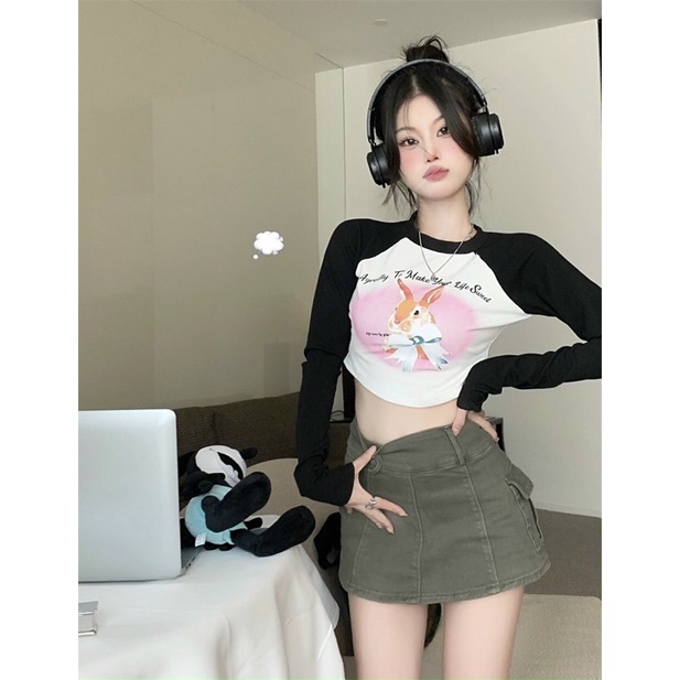 Áo croptop THỎ CAM GB cổ tròn tay dài phối màu chữ hình in cá tính đơn giản dễ thương Nữ kiểu hàn quốc alohashop91