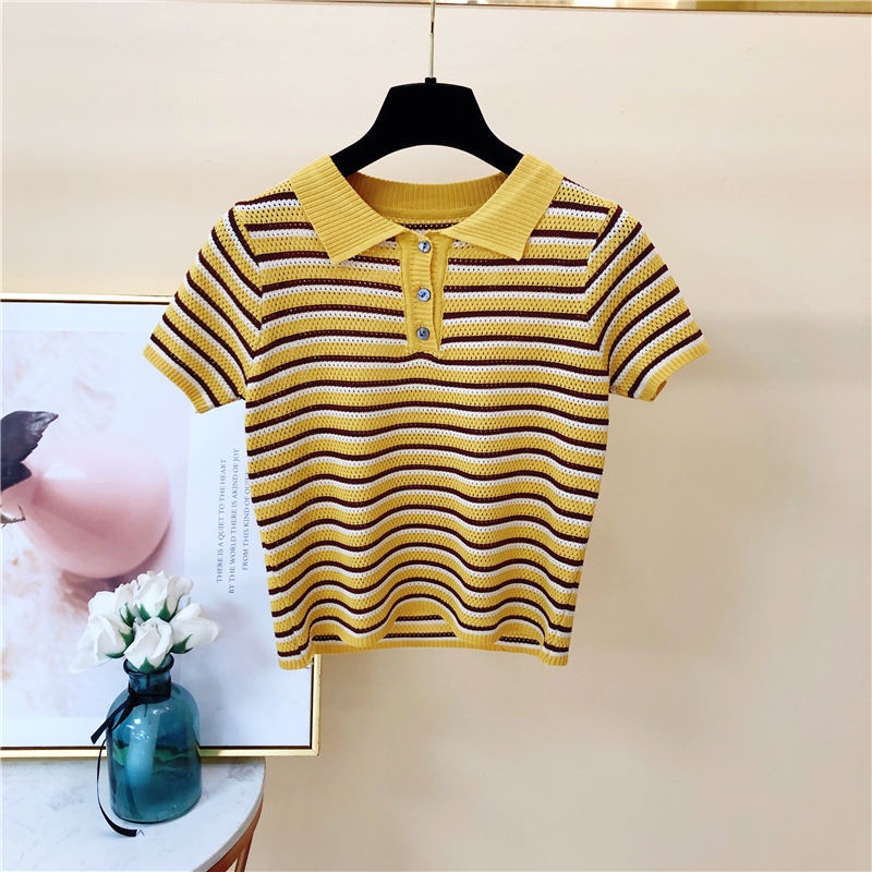 Áo Sweater Tay Ngắn Cổ Polo Hoạ Tiết Kẻ Sọc Thời Trang Mùa Hè Dành Cho Nữ