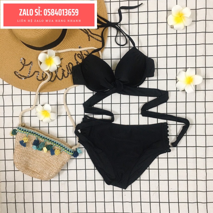 Bikini, 2 mảnh áo gọng chéo eo nâng ngực mix quần chip đan dây sexy