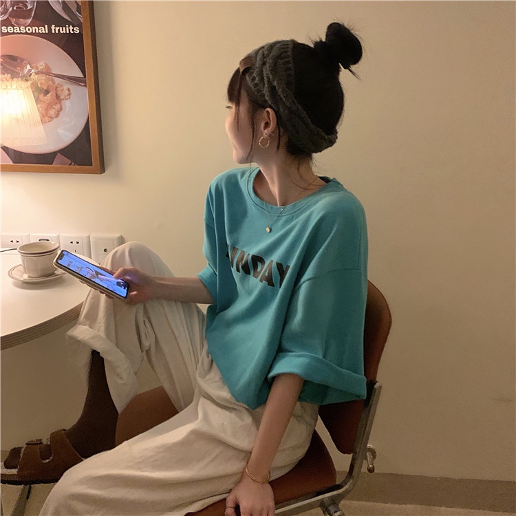 Áo Thun Tay Ngắn Cổ Tròn Dáng Rộng In Chữ Kiểu Hàn Quốc Thời Trang Mùa Hè Mới Cho Nữ