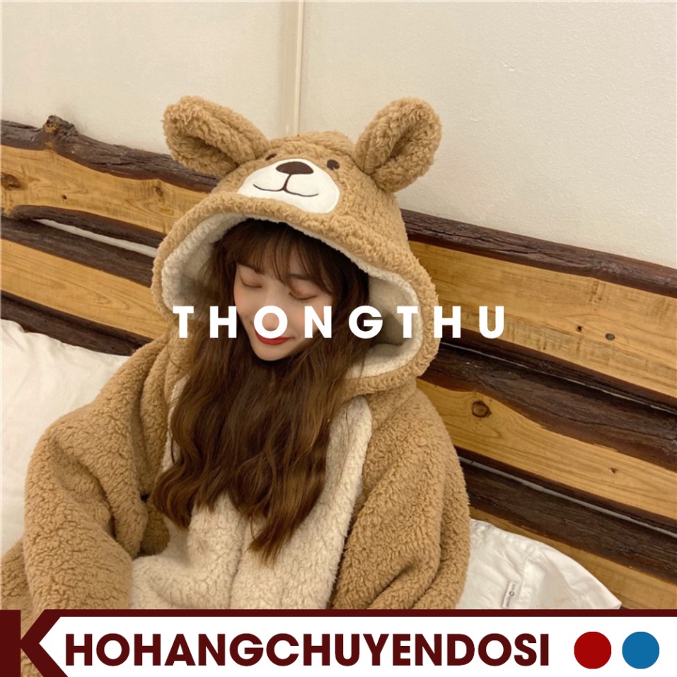 Bộ ngủ lông gấu màu nâu, bộ gấu liền thân thêu hình đẹp cho nữ siêu ấm, đồ ngủ mùa đông lông cừu giữ nhiệt tốt-THONGTHU | BigBuy360 - bigbuy360.vn